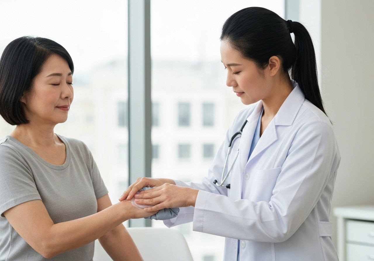 A doctor demonstrating the use of a cold compress to relieve itching on healing skin. A doctor demonstrating the use of a cold compress to relieve itching on healing skin.