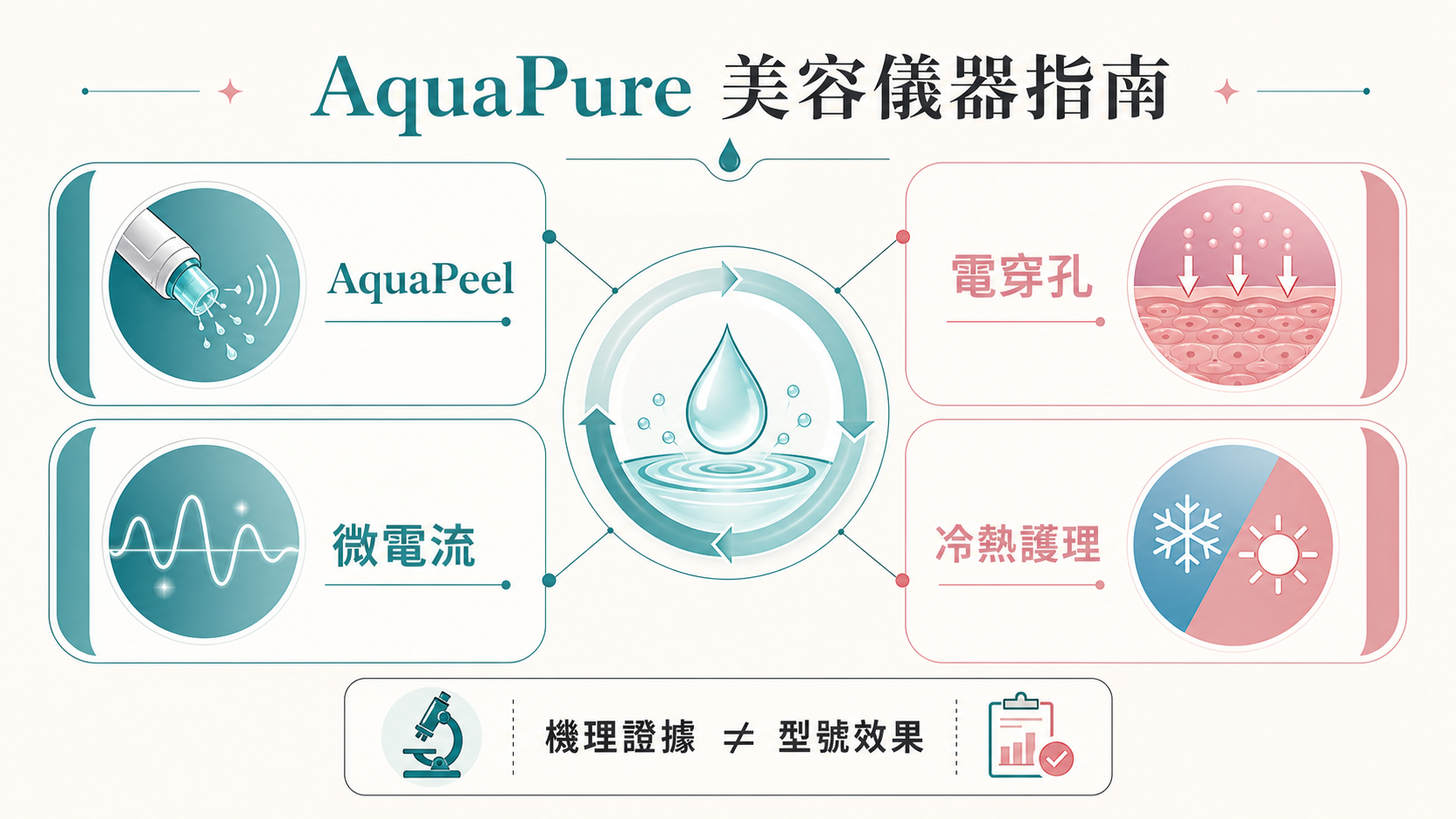 AquaPure 美容儀器指南，展示 AquaPeel、電穿孔、微電流、冷熱手具及採購清單