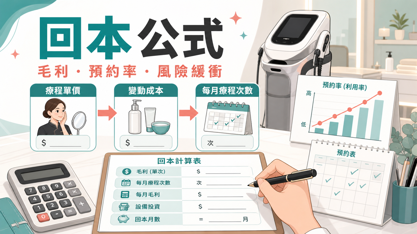 美容儀器回本公式要考慮毛利、預約率與風險緩衝 美容儀器回本公式要考慮毛利、預約率與風險緩衝