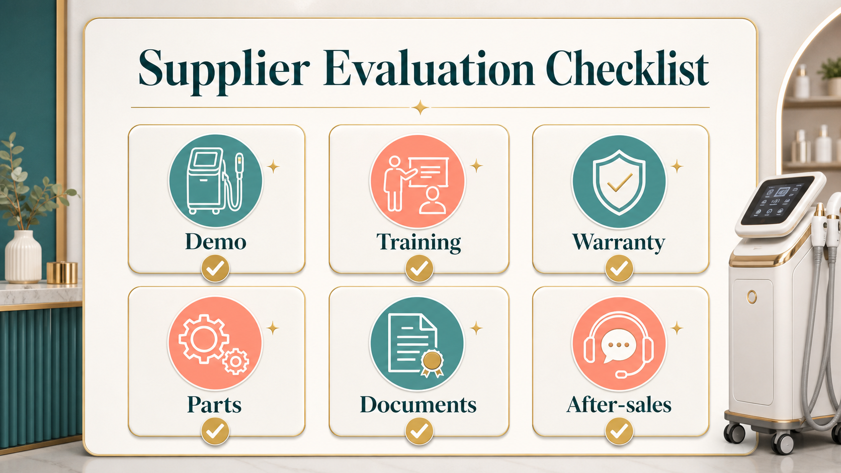 Supplier Evaluation Checklist with demo, training, warranty, parts, documents and after-sales support