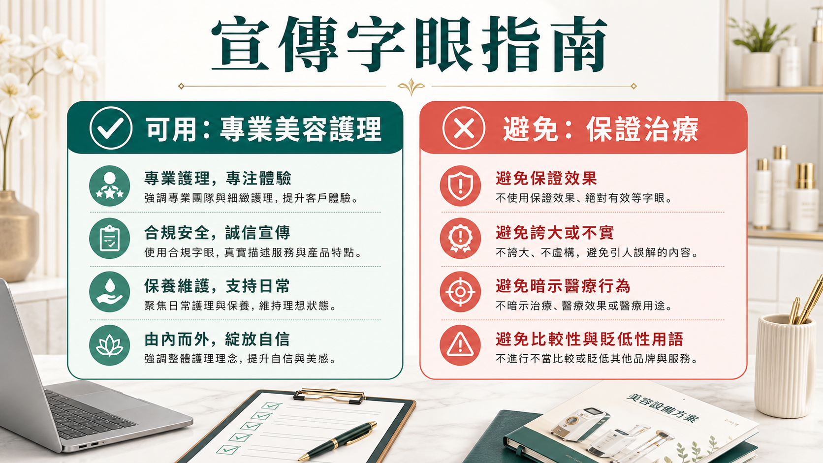 宣傳字眼指南,提醒美容院可使用專業美容護理並避免保證治療字眼 宣傳字眼指南,提醒美容院可使用專業美容護理並避免保證治療字眼