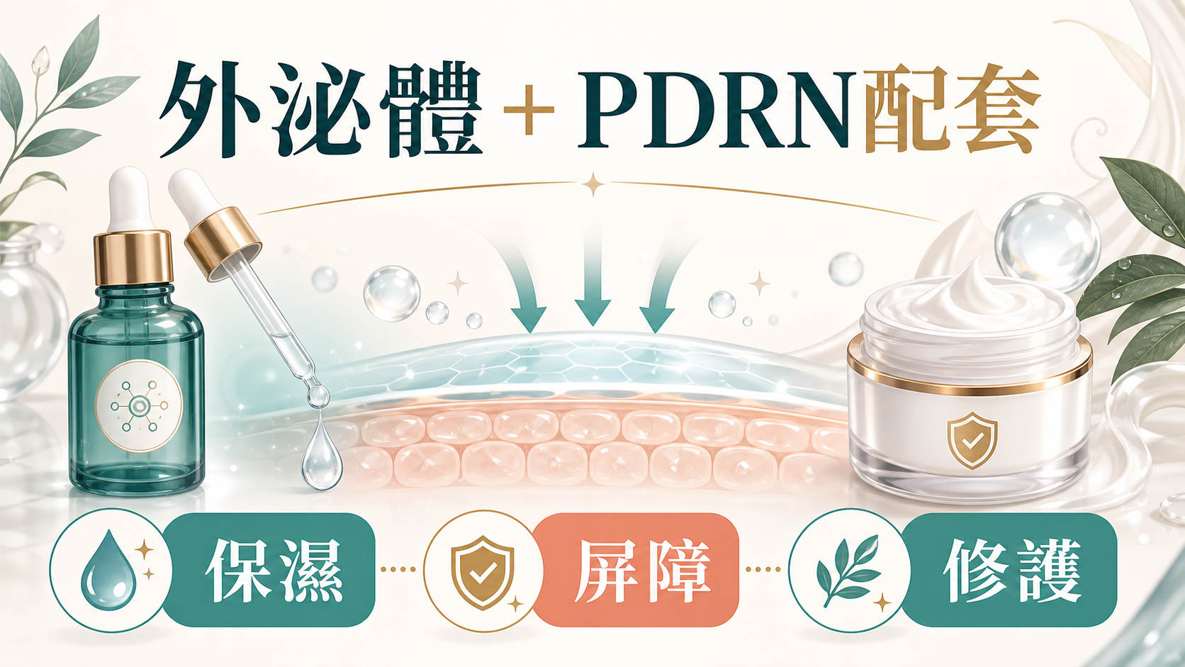 外泌體與PDRN配套,展示保濕、屏障和修護三個美容院護理方向 外泌體與PDRN配套,展示保濕、屏障和修護三個美容院護理方向