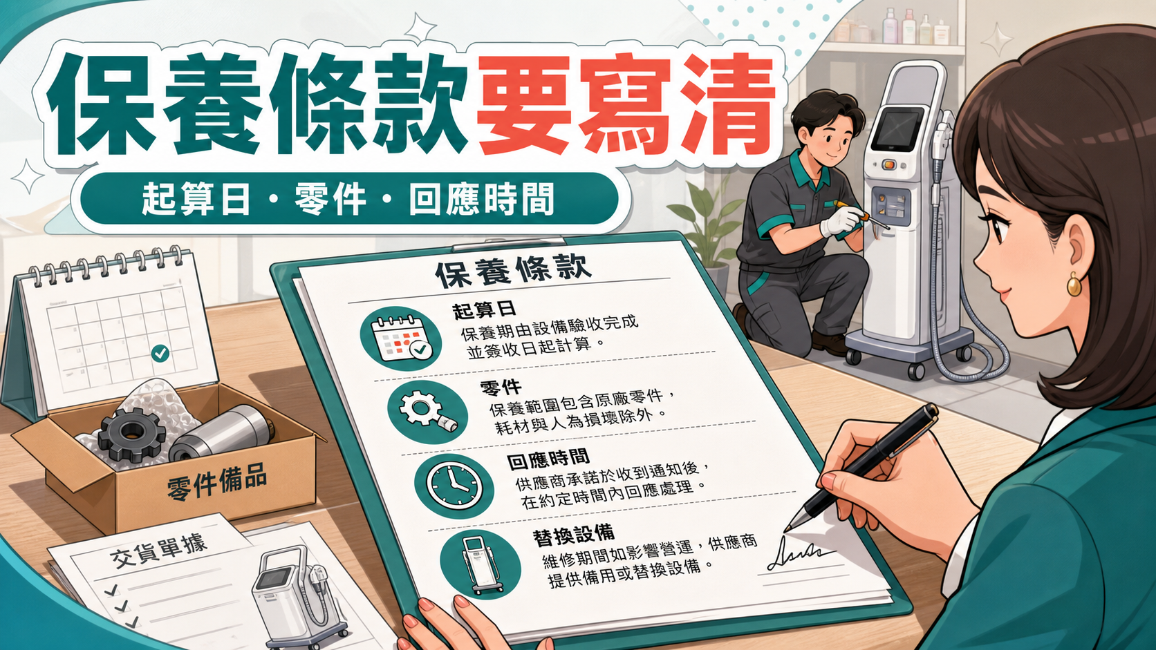 美容儀器保養條款要寫清起算日、零件及回應時間