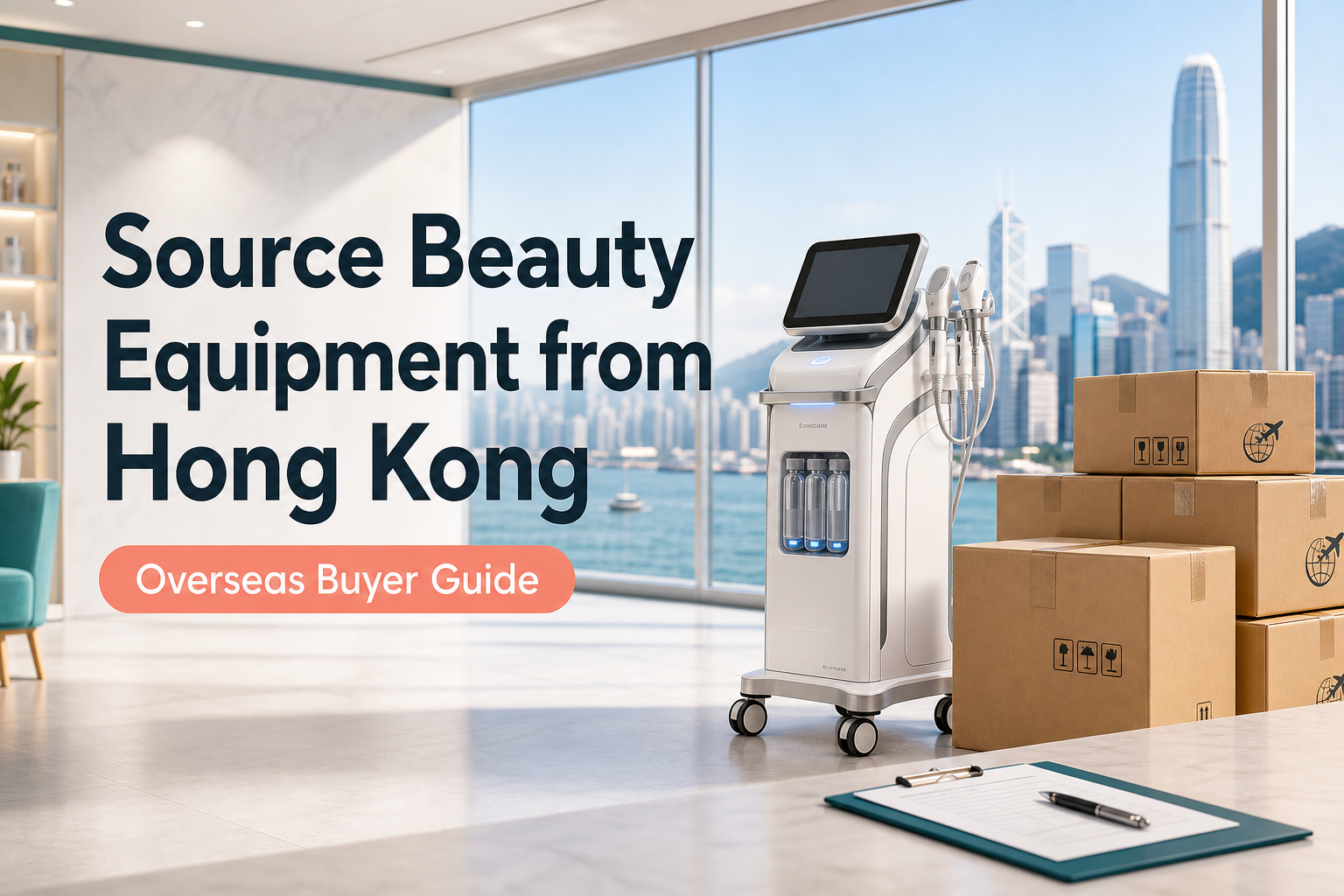 Overseas buyer sourcing professional beauty equipment from Hong Kong with shipping boxes and Hong Kong skyline