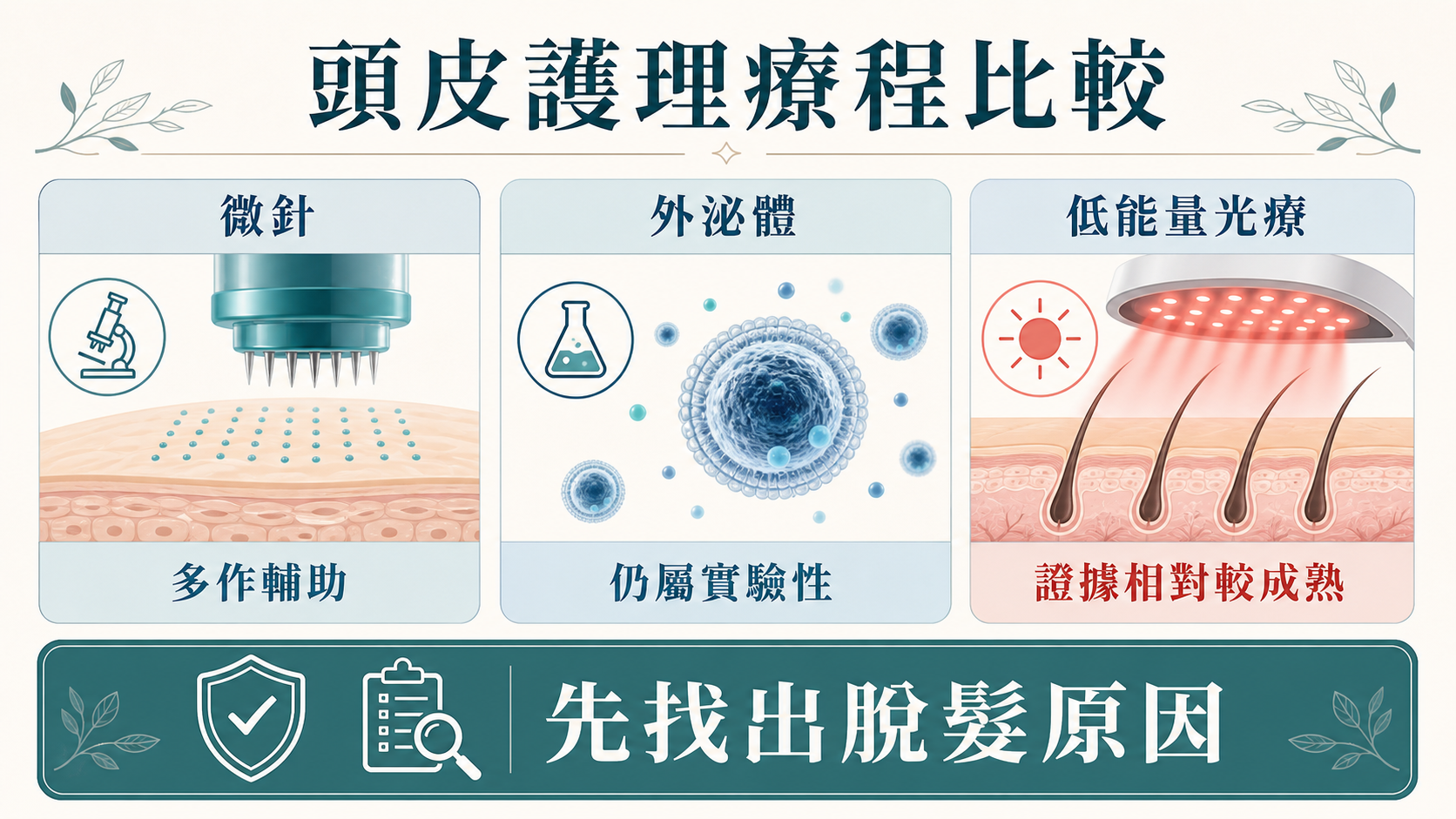 頭皮療程比較資訊圖，分別展示低能量光療、微針和外泌體的證據與風險