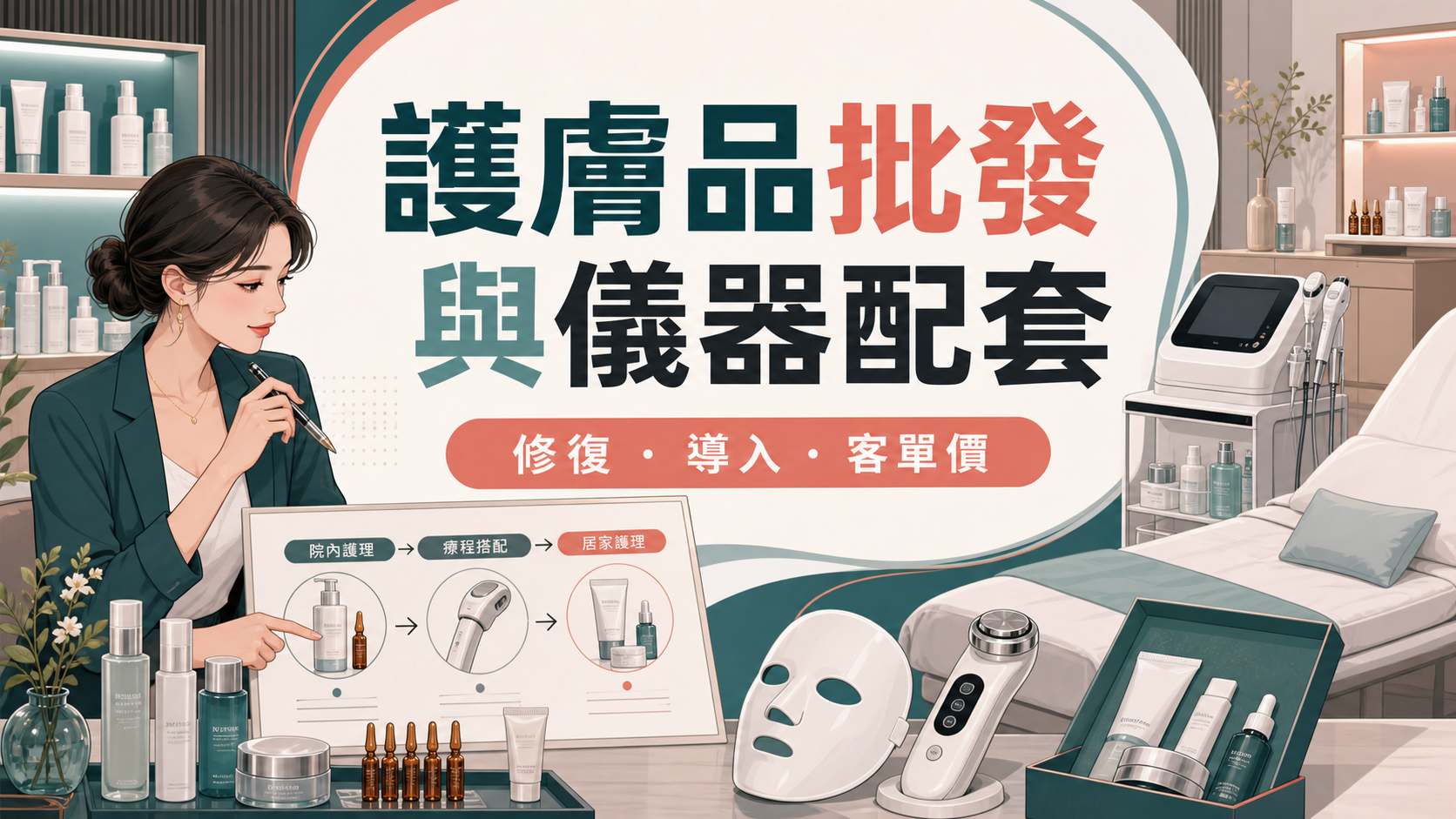 美容院護膚品批發與儀器配套，涵蓋修復、導入與客單價設計