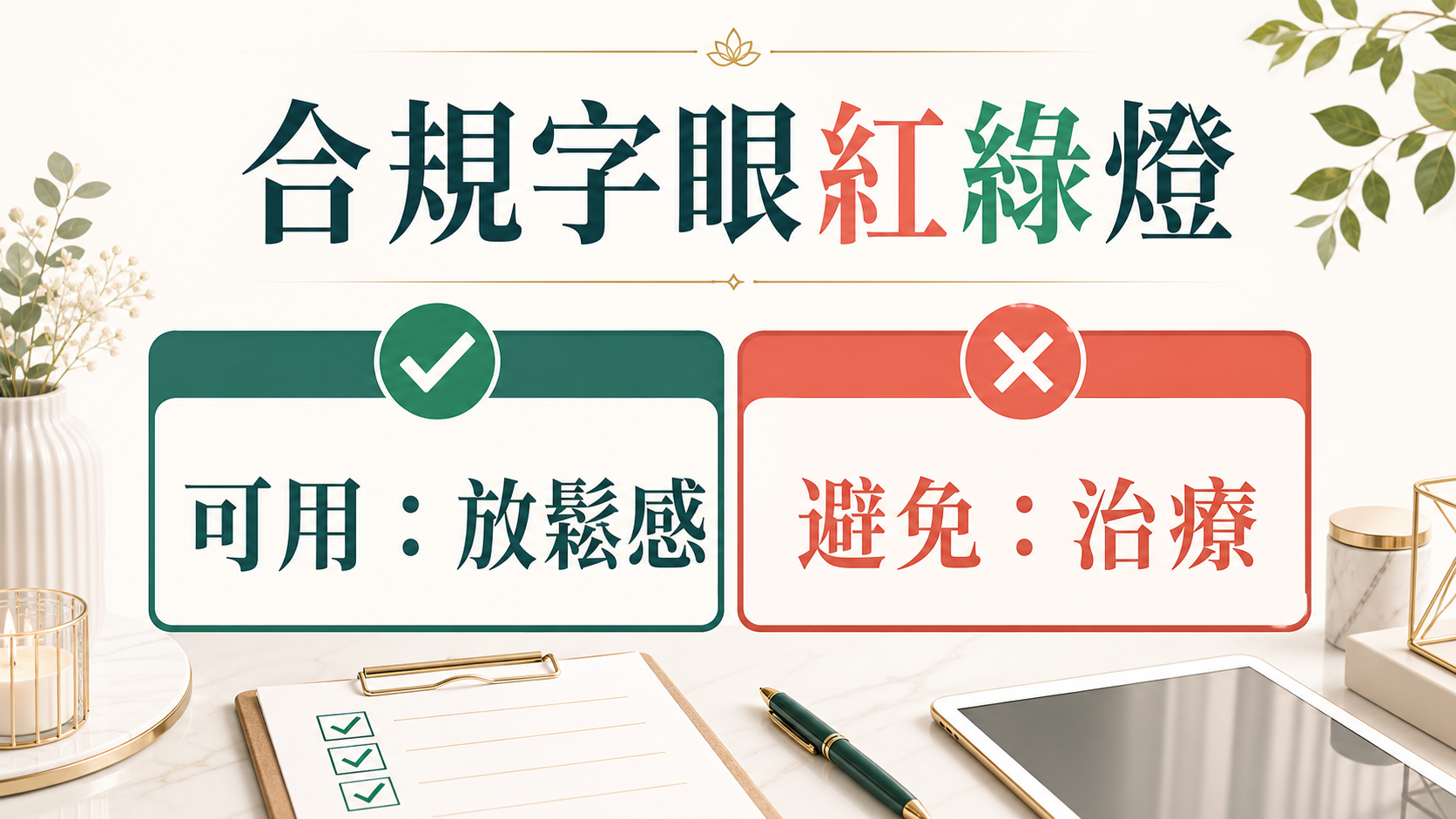 合規字眼紅綠燈，提醒美容院可用放鬆感描述並避免治療承諾