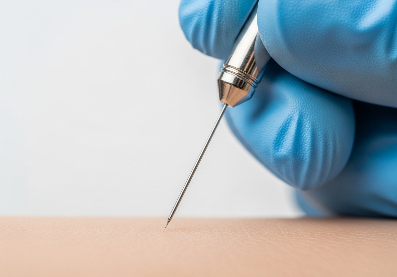 A close-up of a professional electrolysis probe, symbolizing a precise and effective treatment for syringoma.