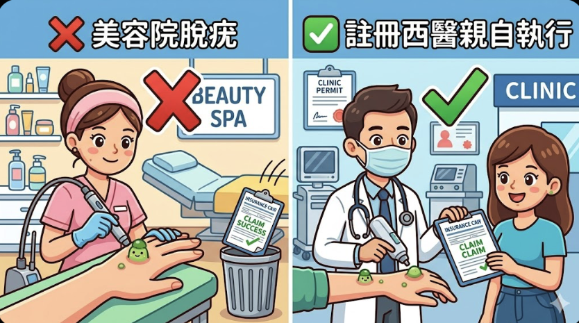 卡通圖片將美容院和診所進行對比。左邊是美容師在美容院處理疣,被標記為「❌ 美容院脫疣」,理賠表格被扔進垃圾桶。右邊是穿著白袍的註冊西醫在診所處理疣,被標記為「✅ 註冊西醫親自執行」。 卡通圖片將美容院和診所進行對比。左邊是美容師在美容院處理疣,被標記為「❌ 美容院脫疣」,理賠表格被扔進垃圾桶。右邊是穿著白袍的註冊西醫在診所處理疣,被標記為「✅ 註冊西醫親自執行」。