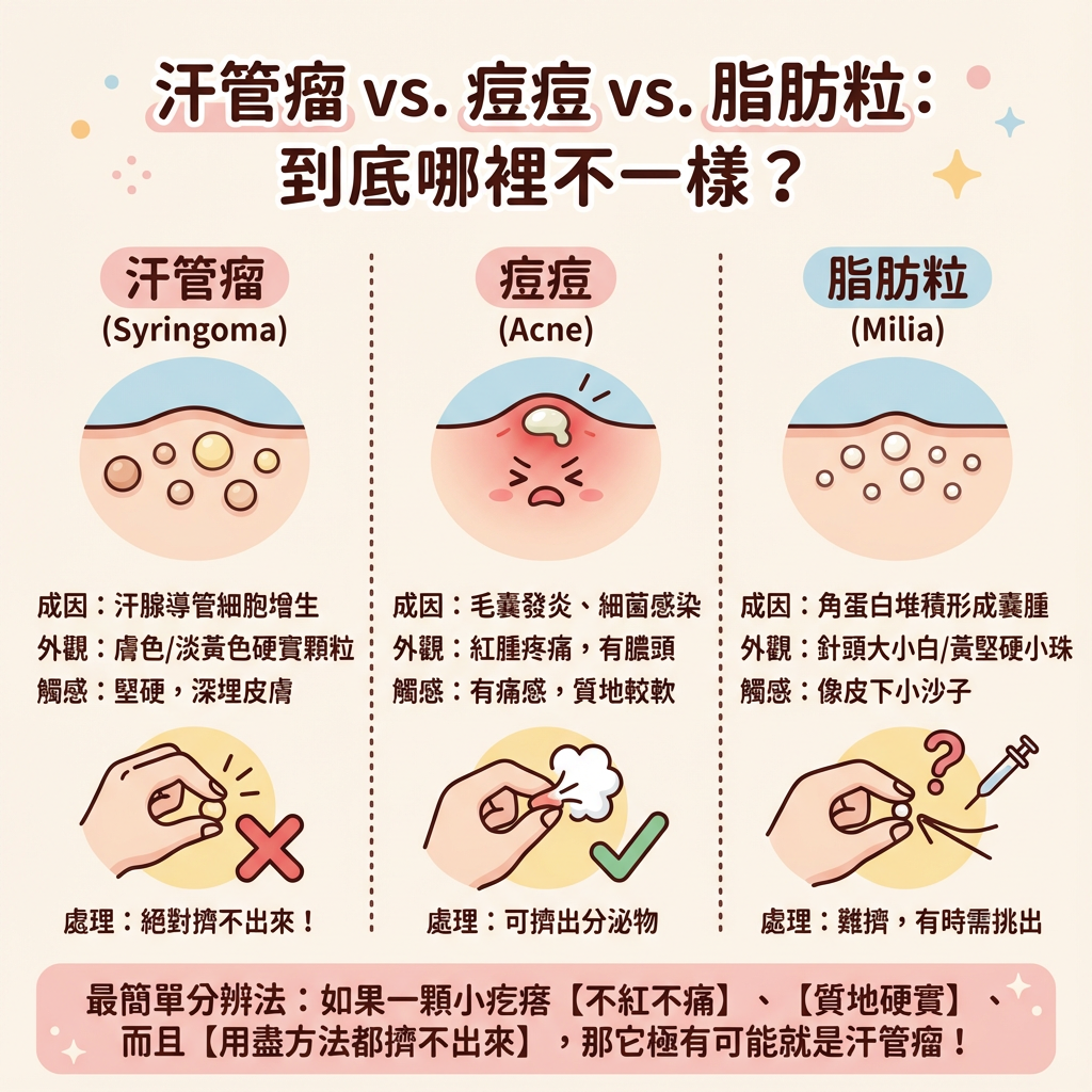 汗管瘤 vs. 痘痘 vs. 脂肪粒 汗管瘤 vs. 痘痘 vs. 脂肪粒
