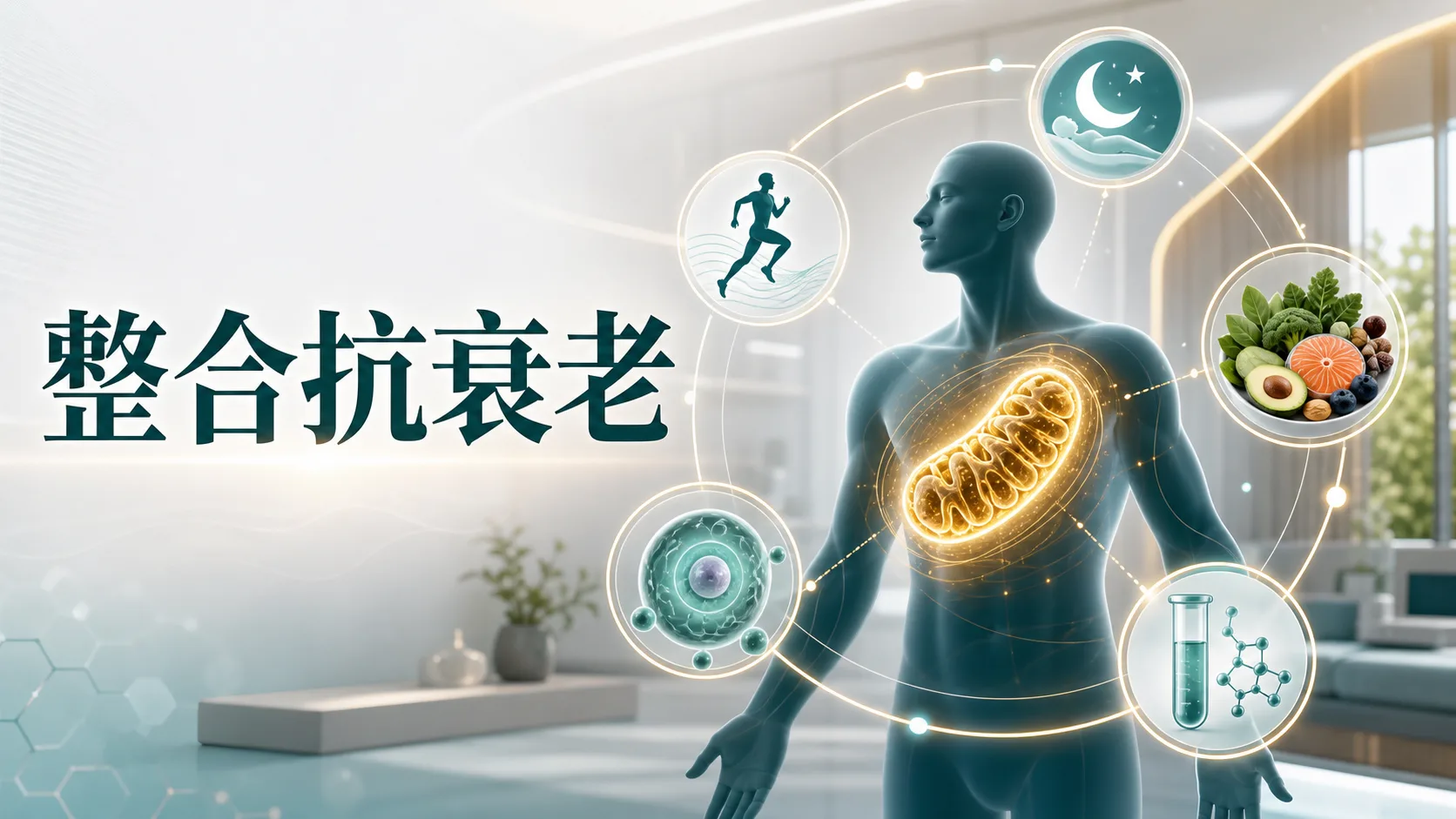 NAD+ 睡眠運動營養與精準檢測整合抗衰老概念圖