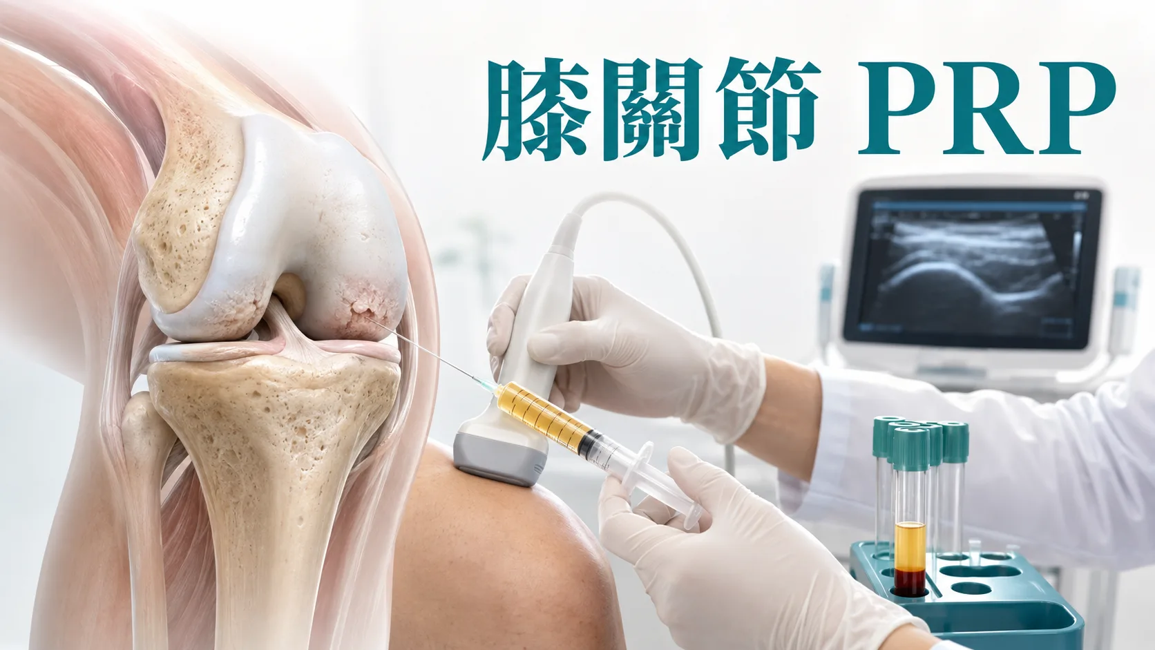 膝關節退化及超聲波導引 PRP 注射的醫學插圖,圖中文字為膝關節 PRP