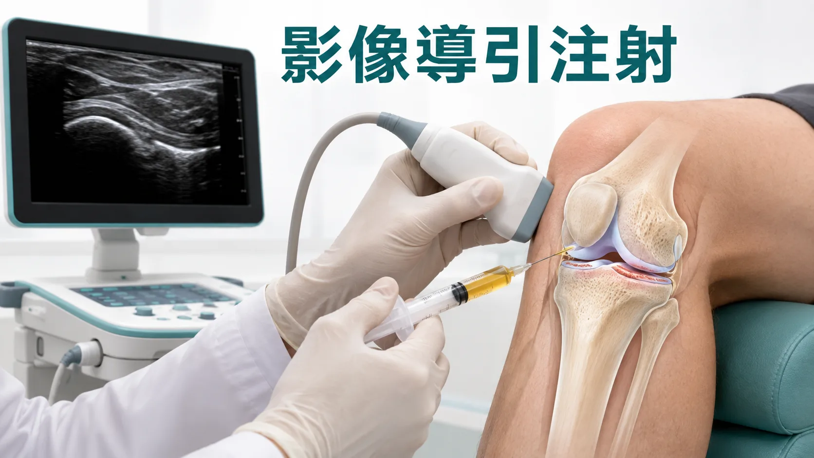 膝關節 PRP 影像導引注射示意圖，顯示超聲波探頭和關節注射位置