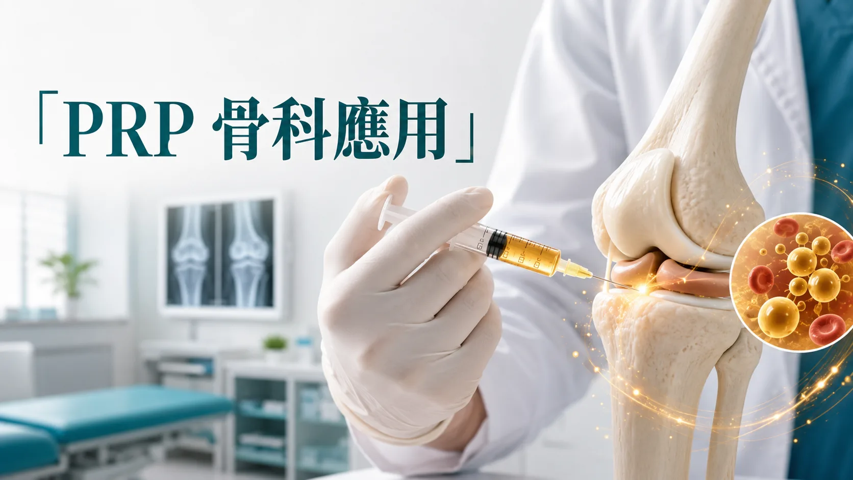醫生以富血小板血漿注射膝關節模型的醫學插圖,圖中文字為 PRP 骨科應用