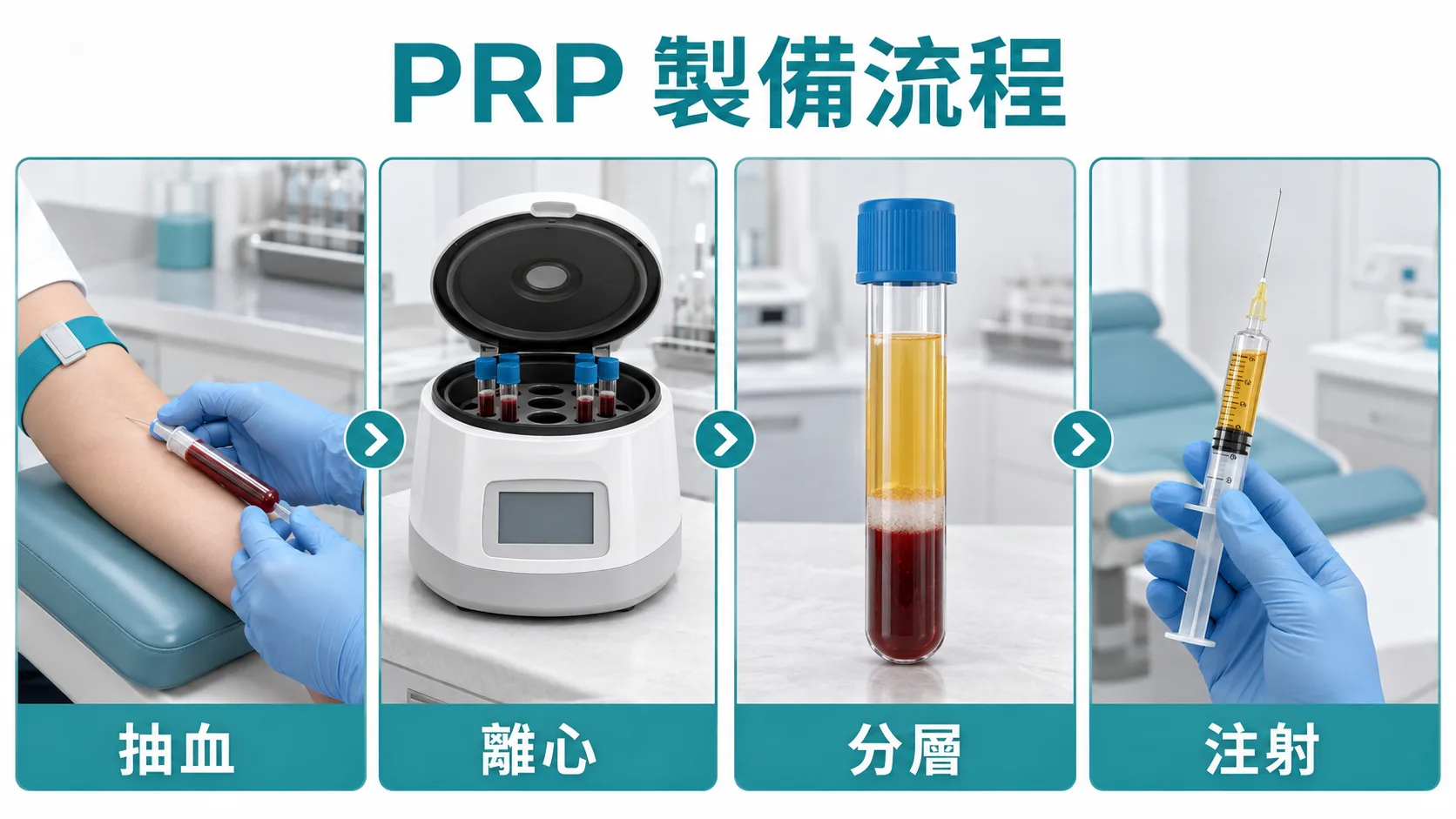 PRP 製備流程圖，顯示抽血、離心、分層和注射四個步驟