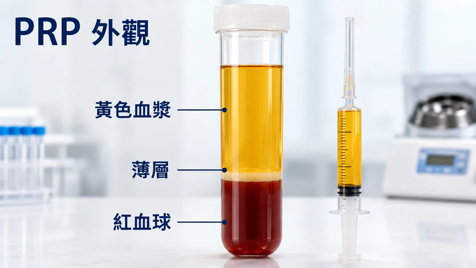 PRP 外觀示意圖，顯示離心後黃色血漿、薄層和紅血球分層