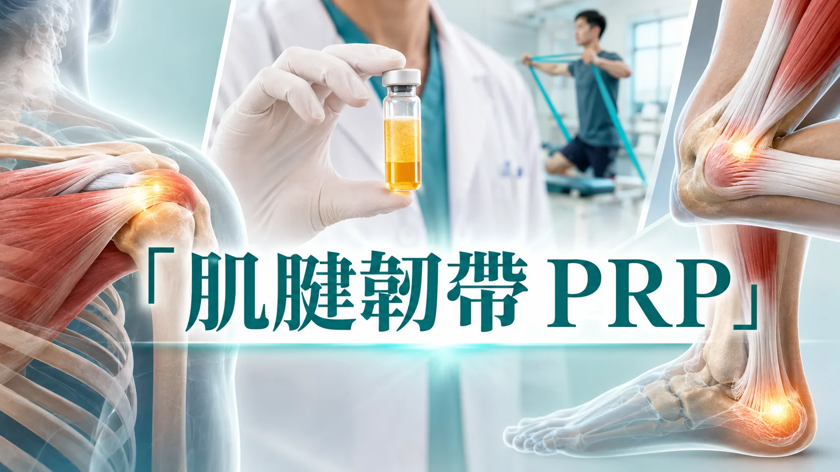 肩膊、手肘和足踝肌腱韌帶痛症與 PRP 血漿的醫學插圖,圖中文字為肌腱韌帶 PRP