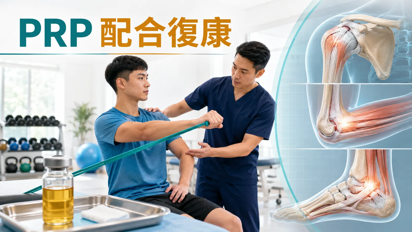 PRP 配合復康示意圖，顯示肌腱韌帶痛症注射後逐步運動復康