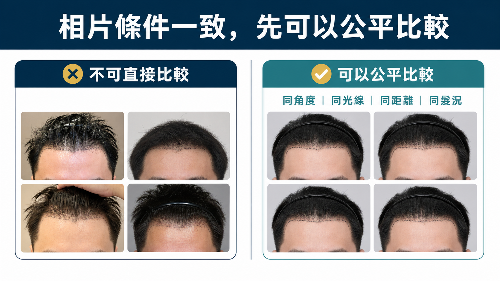 不一致與標準化植髮案例相片的光線、角度和頭髮狀態比較