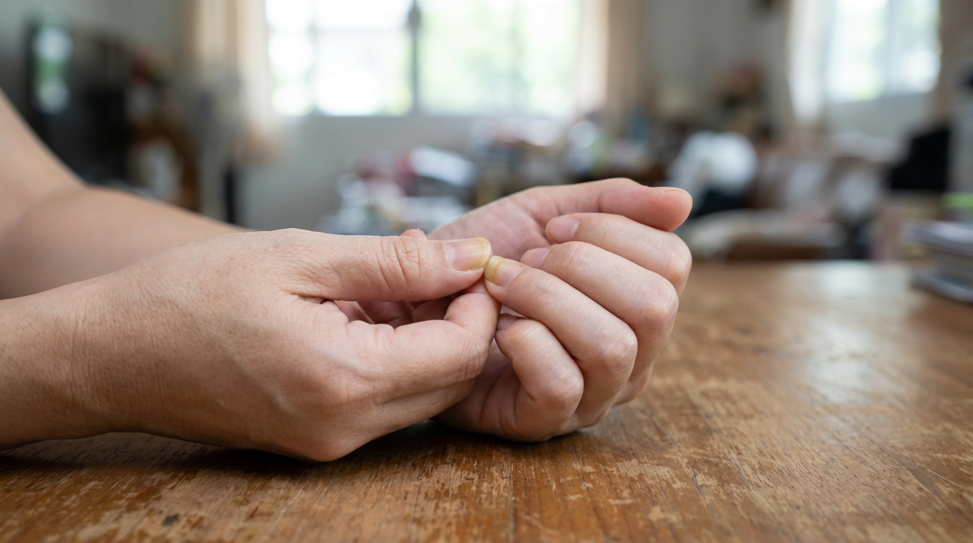 Asian woman's hands resisting the urge to pick at a damaged fingernail