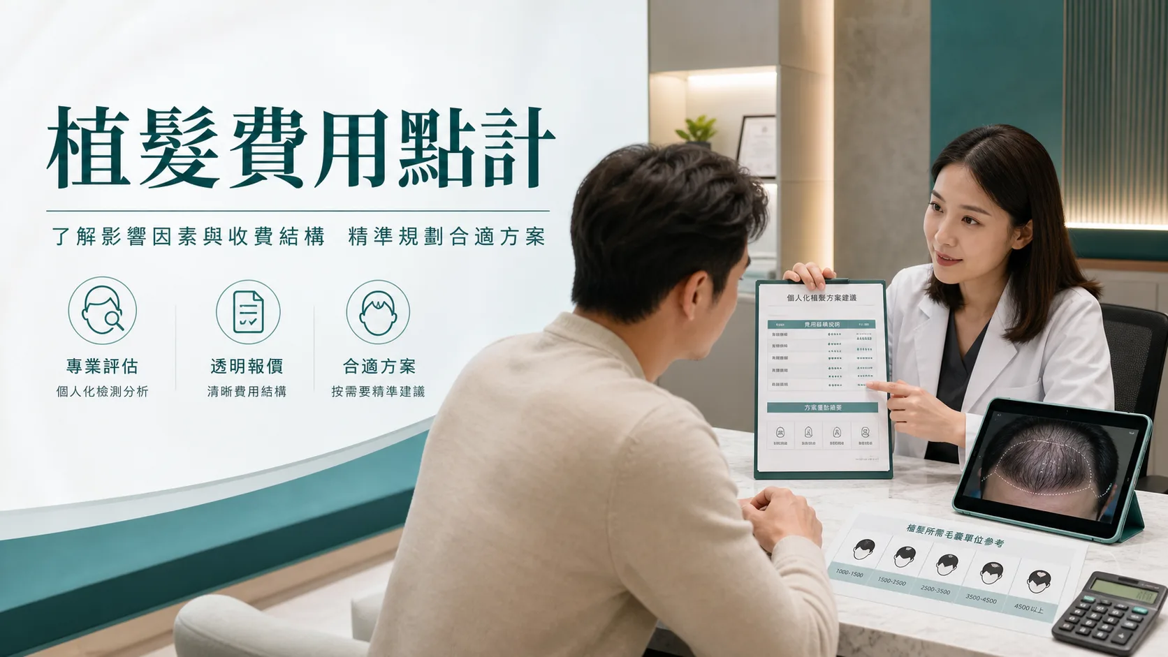 植髮費用文章主圖，醫生向客人講解報價與毛囊評估