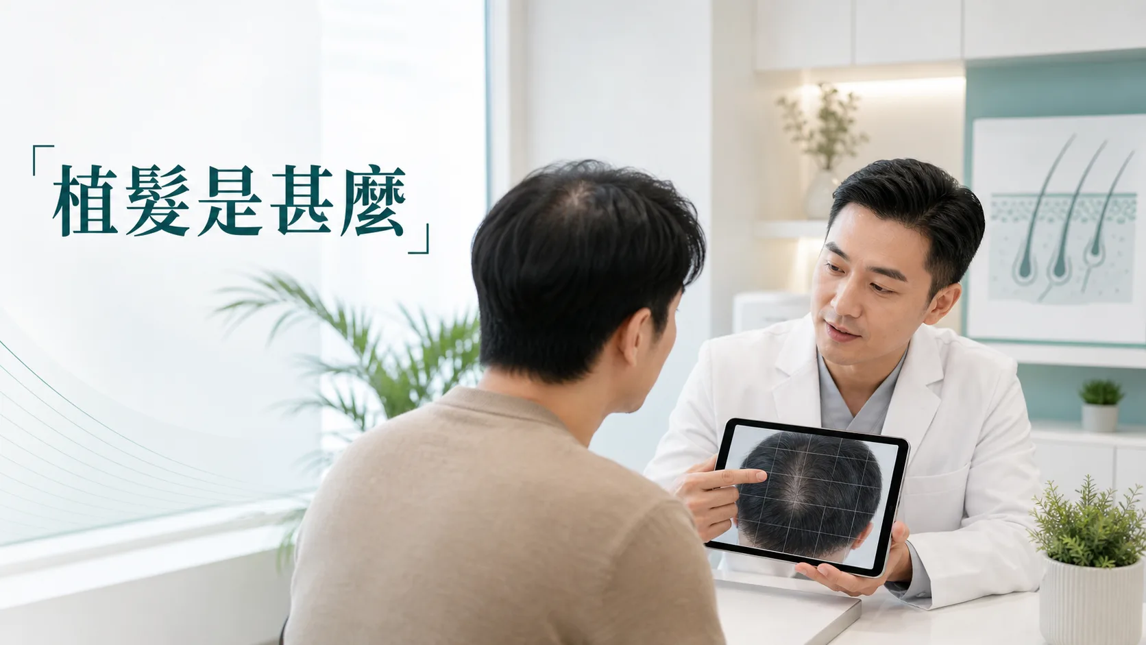 植髮是甚麼文章主圖，醫生與客人進行頭皮及毛囊評估