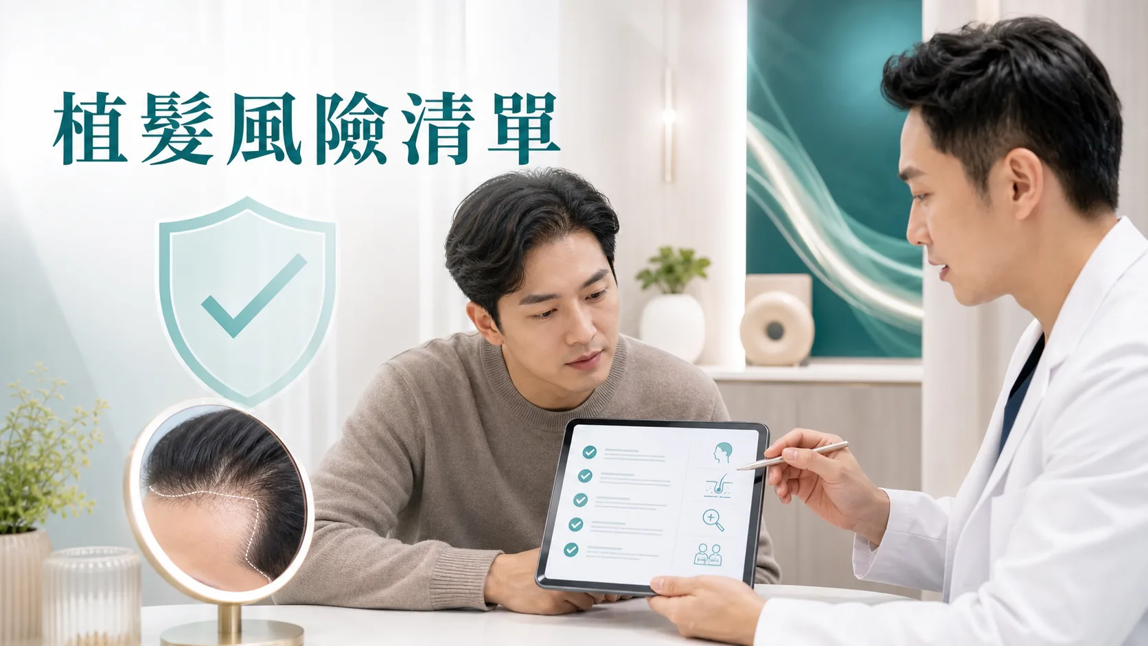 植髮風險清單文章主圖,醫生與客人檢視術前評估清單