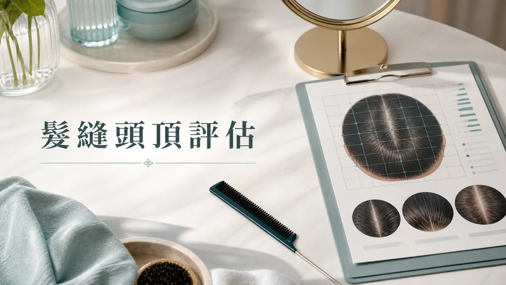 I-LAND 女性髮縫頭頂評估文章主圖,展示分界與頭頂密度檢查概念