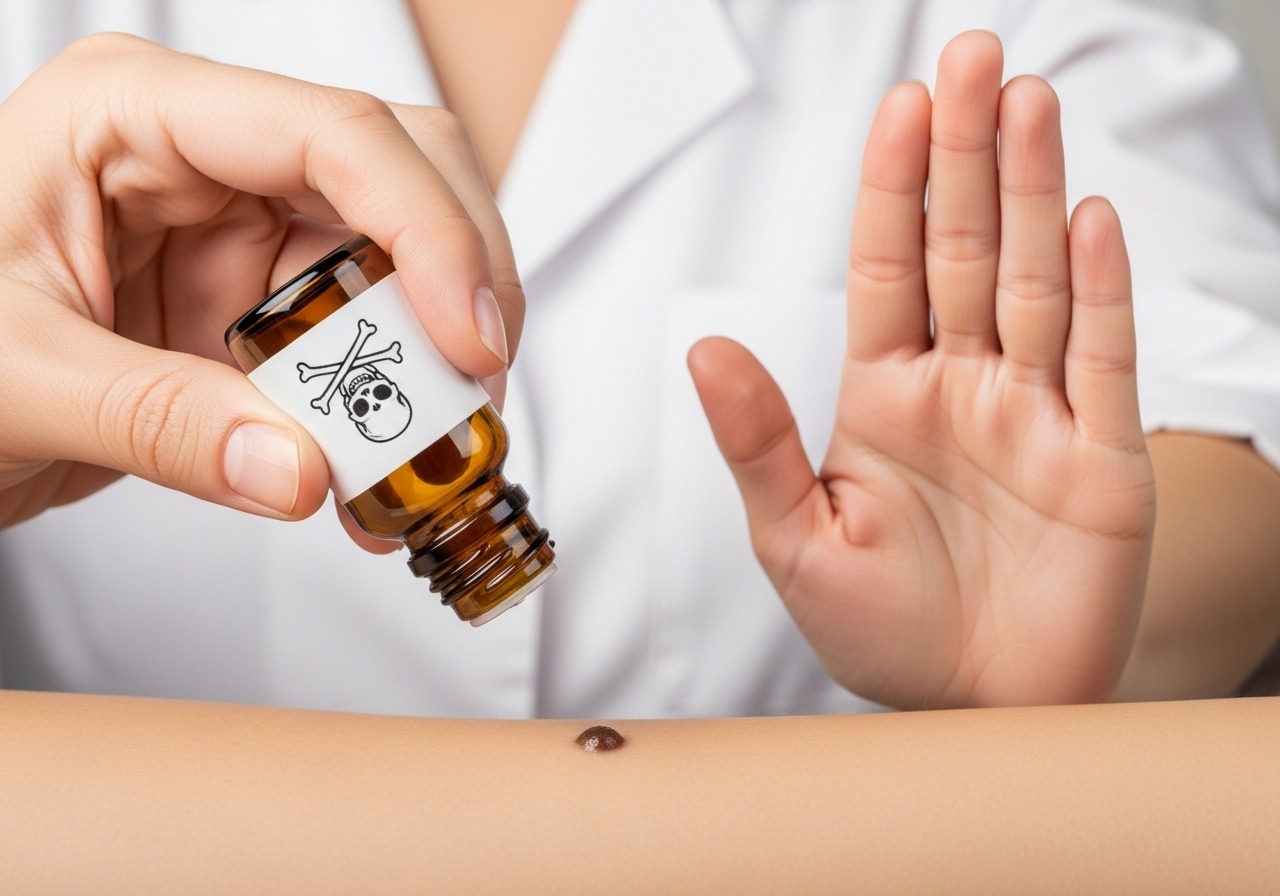 An image symbolizing the danger of using unsafe chemical products for DIY mole removal. An image symbolizing the danger of using unsafe chemical products for DIY mole removal.