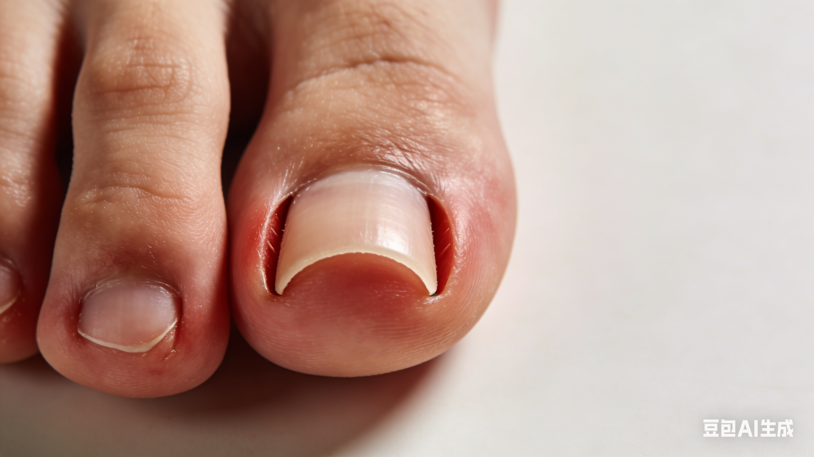 Asian foot with big toenail trimmed into a rounded arch shape, both sides cut deep into nail folds.