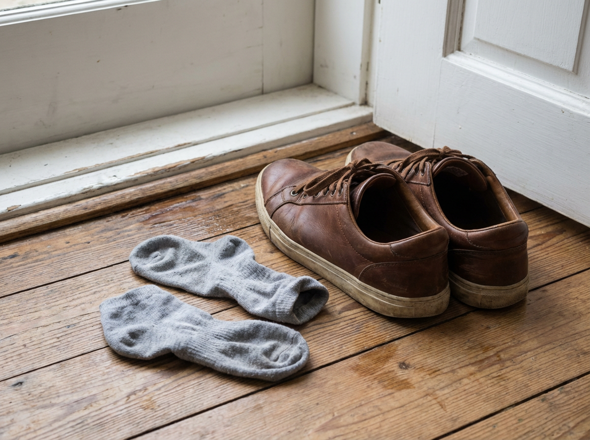 Damp shoes and socks on a floor, illustrating conditions that cause fungal infections.