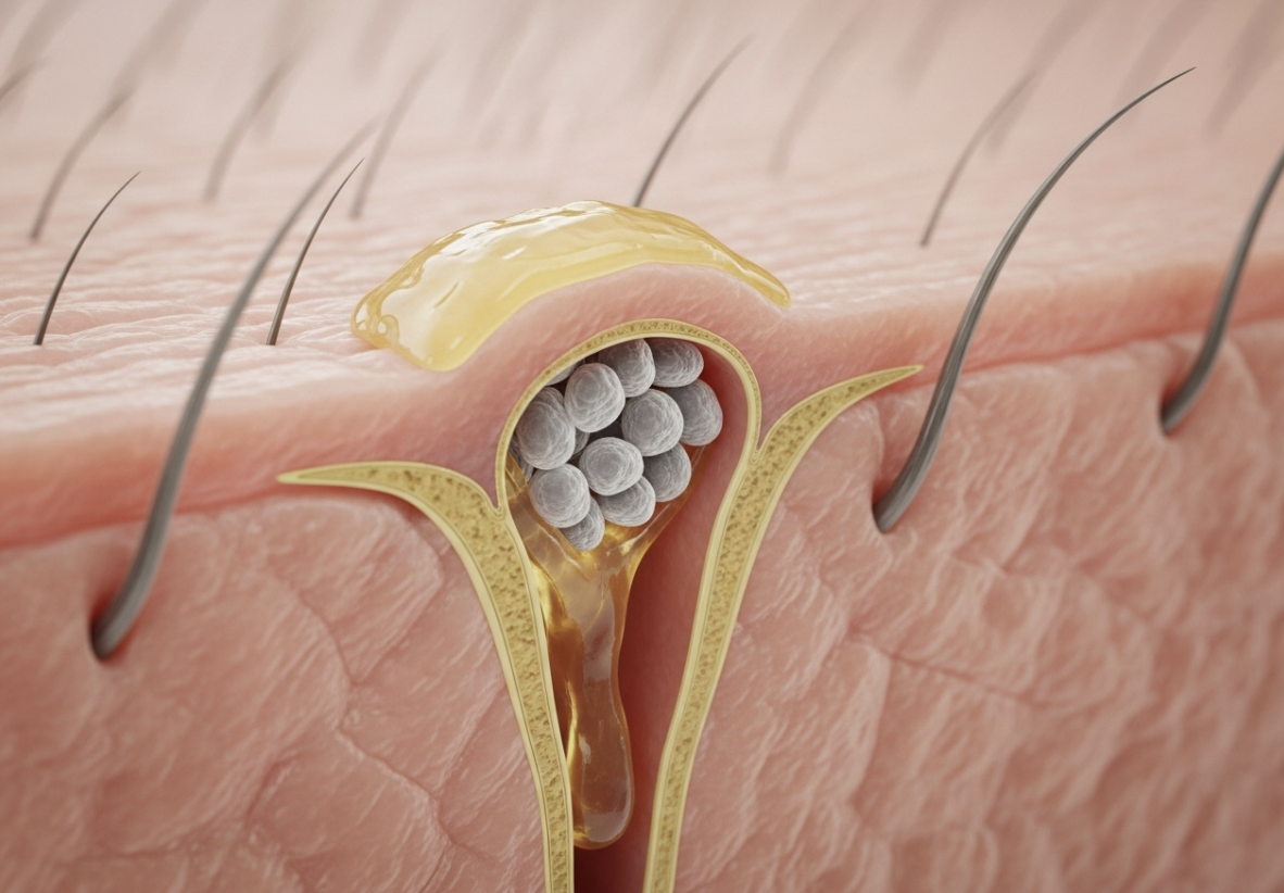 A scientific illustration showing a skin pore blocked by sebum, representing the cause of acne.