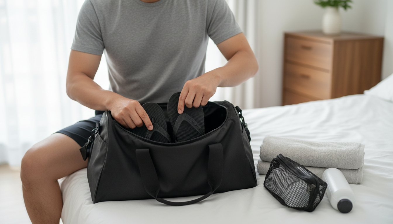 Asian person packing flip-flops into a gym bag for use in public showers as a preventive measure