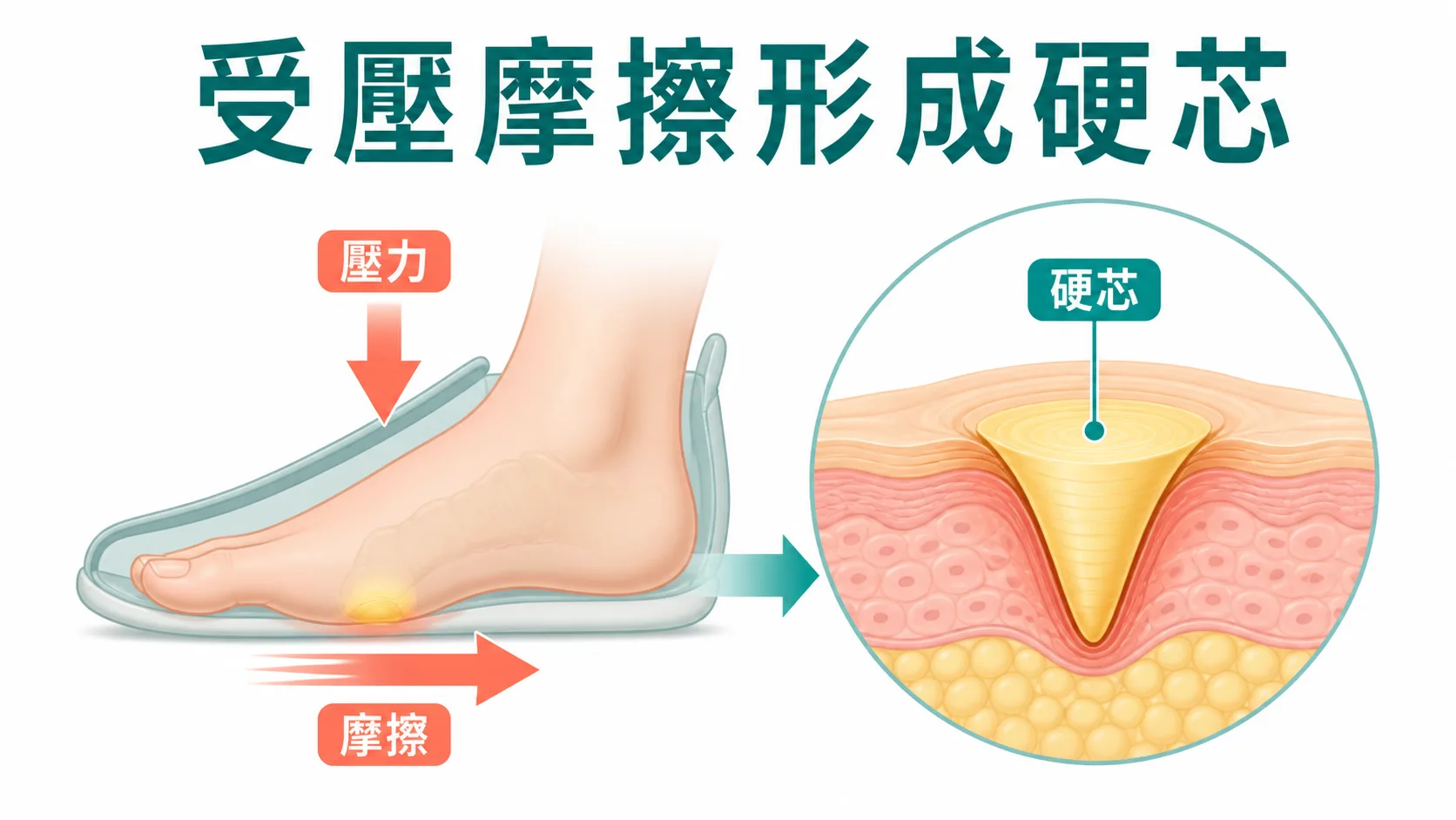 雞眼由受壓摩擦形成硬芯的醫療教育示意圖