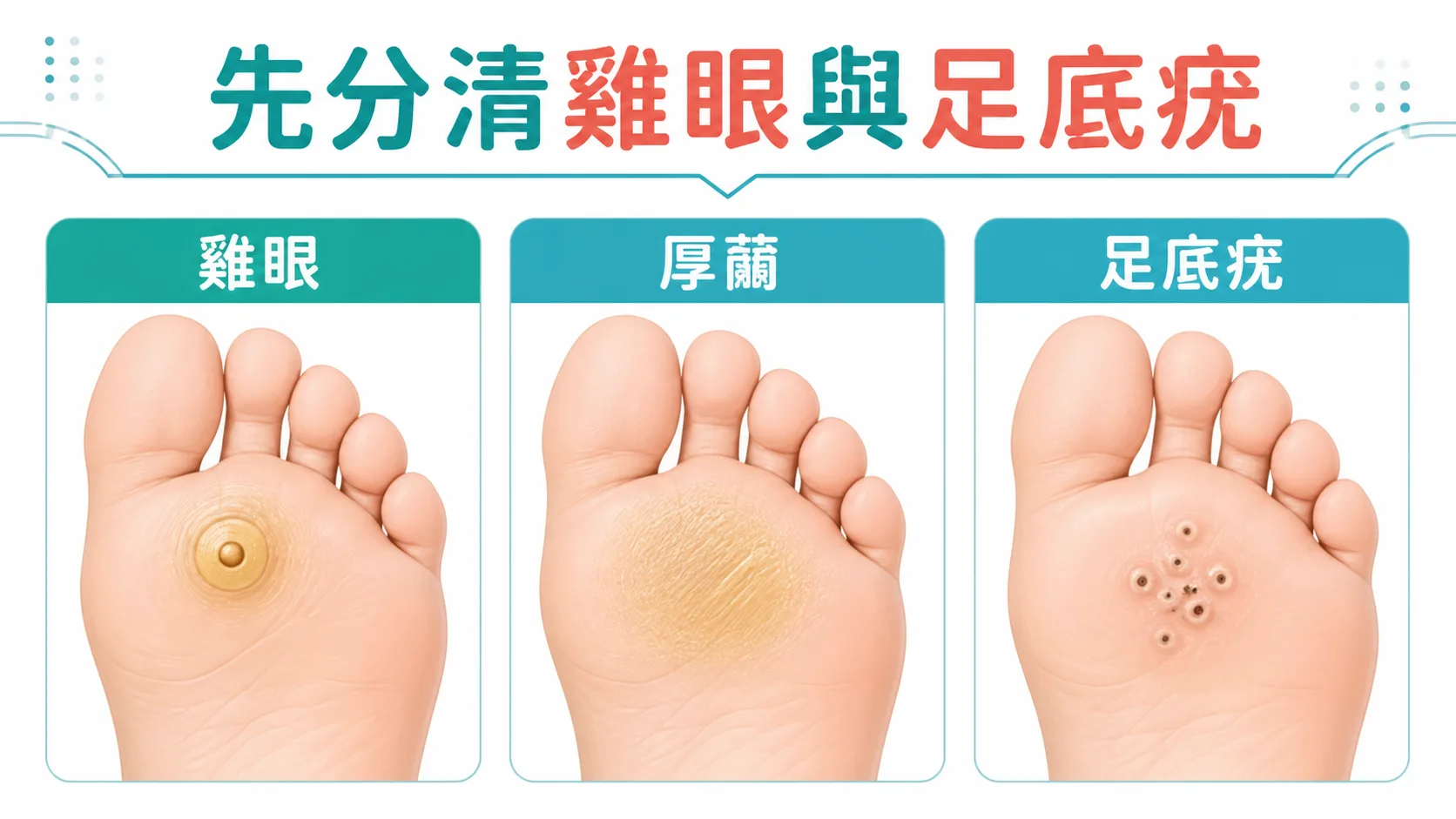 雞眼厚繭與足底疣分別的醫療教育比較圖