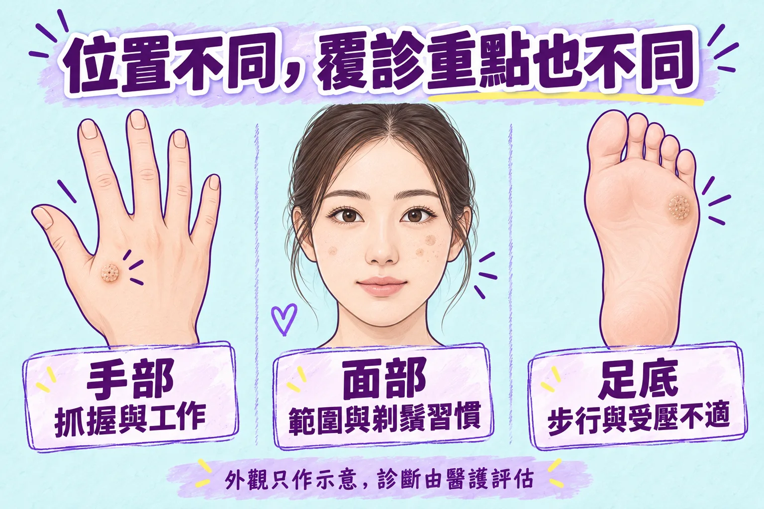 手部、面部及足底病灶在覆診時需描述的生活影響示意