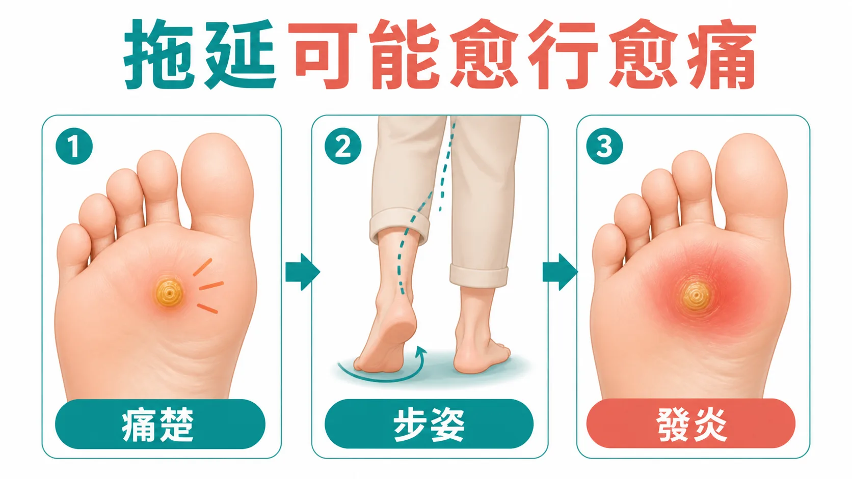 雞眼拖延不理可能由痛楚影響步姿至發炎風險的示意圖