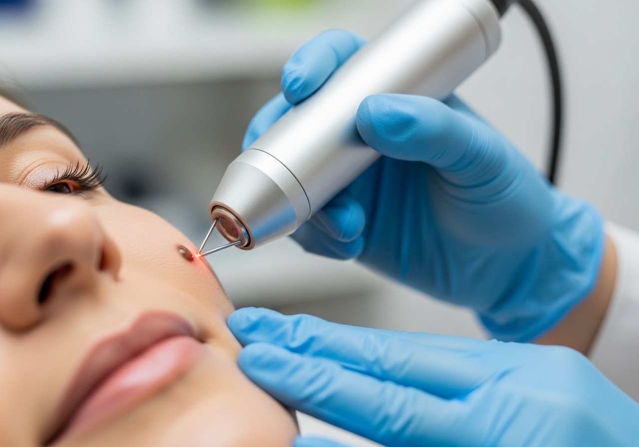 A doctor performing a professional and precise laser mole removal procedure in a sterile clinic.