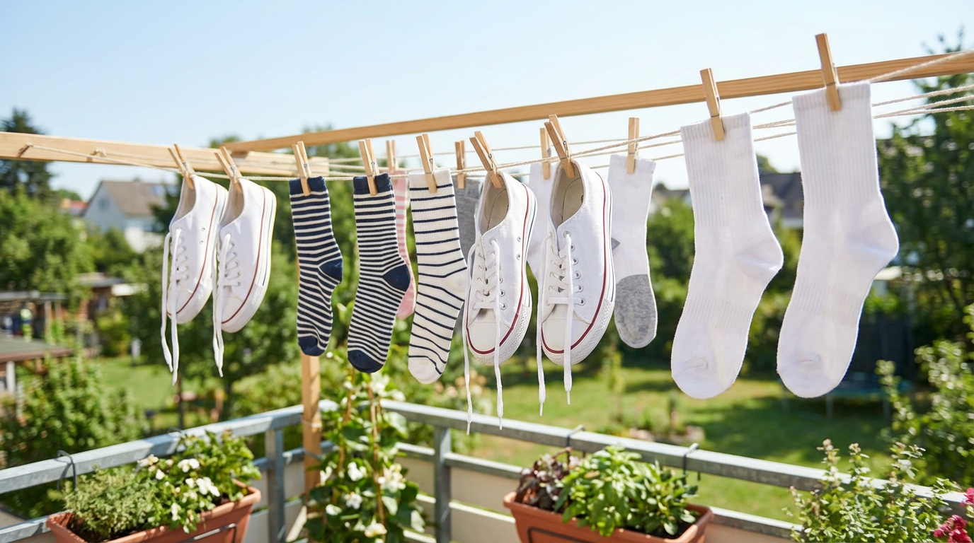 Shoes and socks drying in the sun on a clothesline for disinfection
