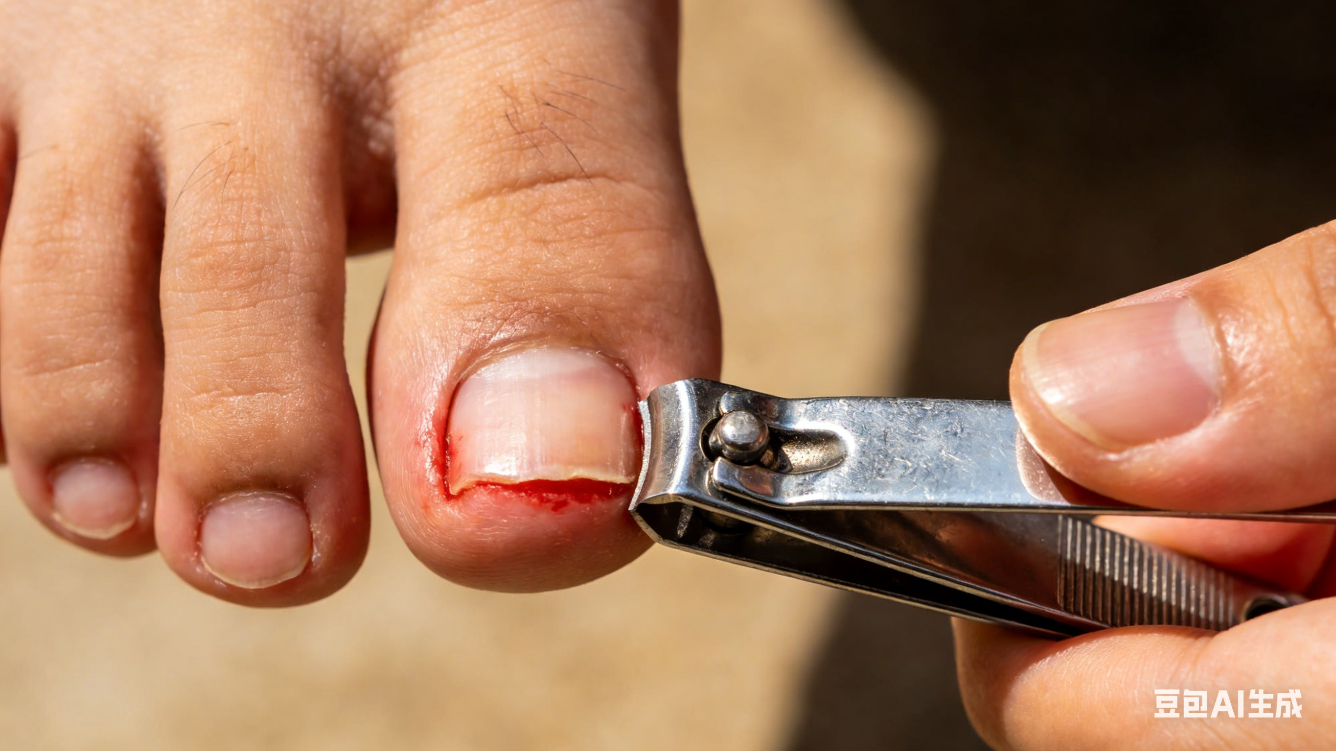 Asian person cutting toenail too short, nail clipper positioned deep, no white edge left, close-up view of foot.
