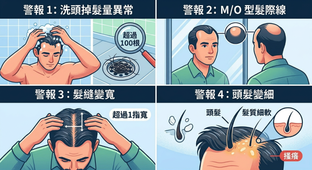 四分鏡視覺化 4 個警報（地漏堵塞、M/O型髮際線、髮縫變寬、頭髮變細）
