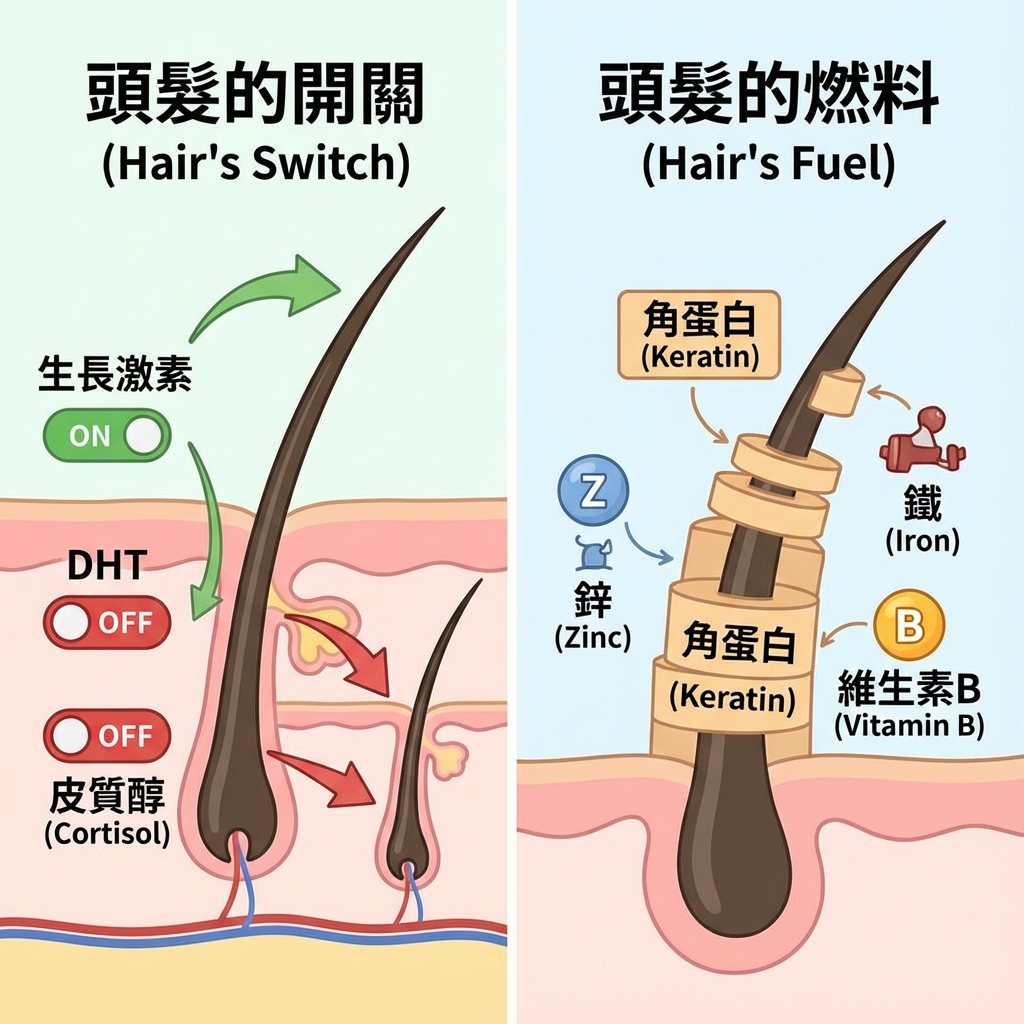 一張雙面板的教育圖表，左側展示激素（生長激素、DHT、皮質醇）如何像開關一樣影響毛囊大小，右側展示角蛋白、鋅、鐵和維生素B如何像燃料一樣構建髮絲。