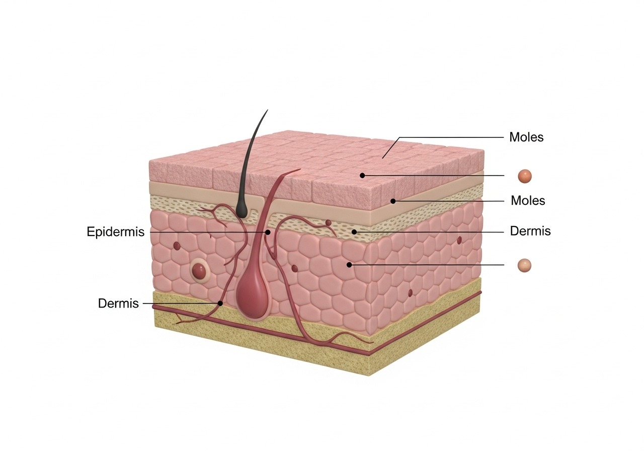 A diagram showing the skin layers and the location of junctional, compound, and intradermal nevi.