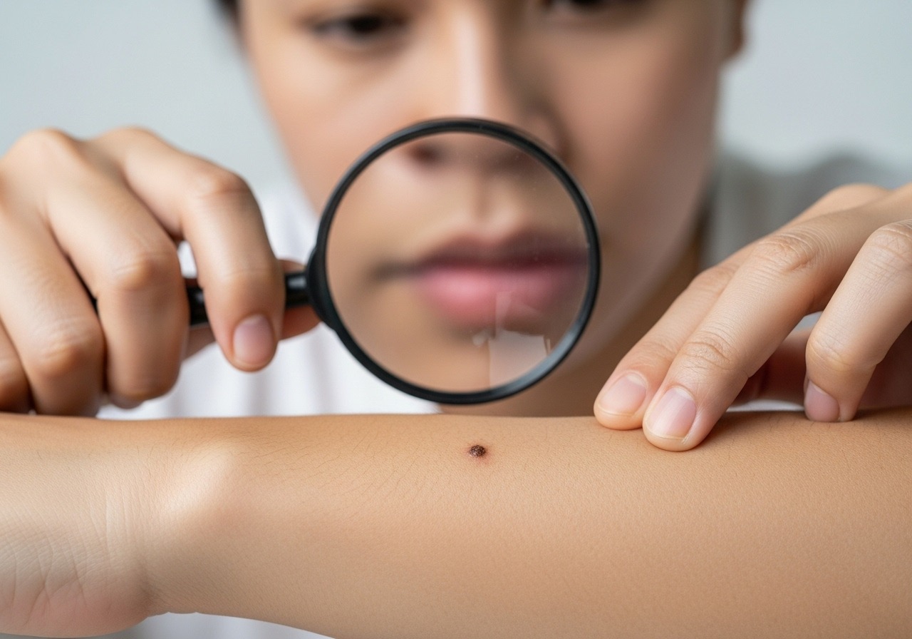 A person using a magnifying glass to perform a self-examination of a mole on their arm.