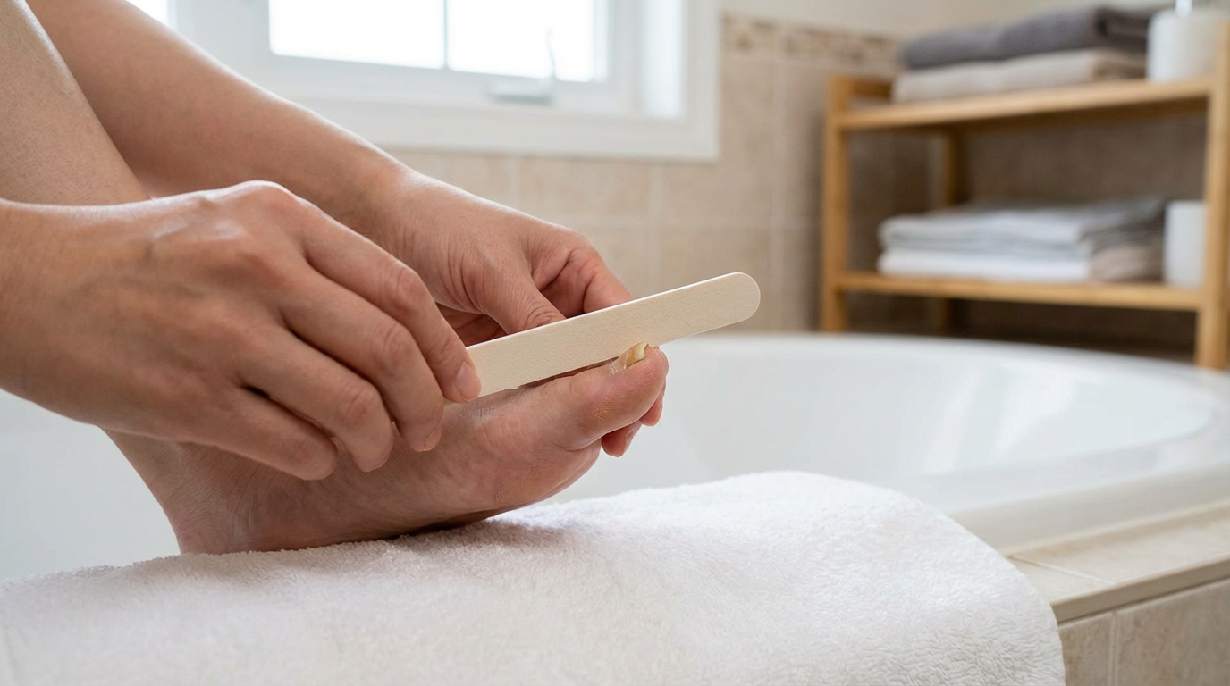 Asian woman filing down a thickened fungal toenail at home as part of treatment