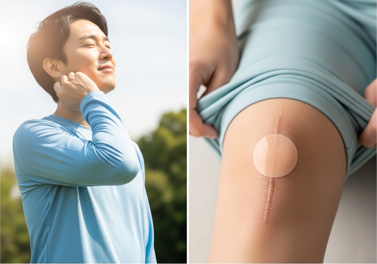 A comparison showing how scar patches work for sun protection and on friction-prone areas.