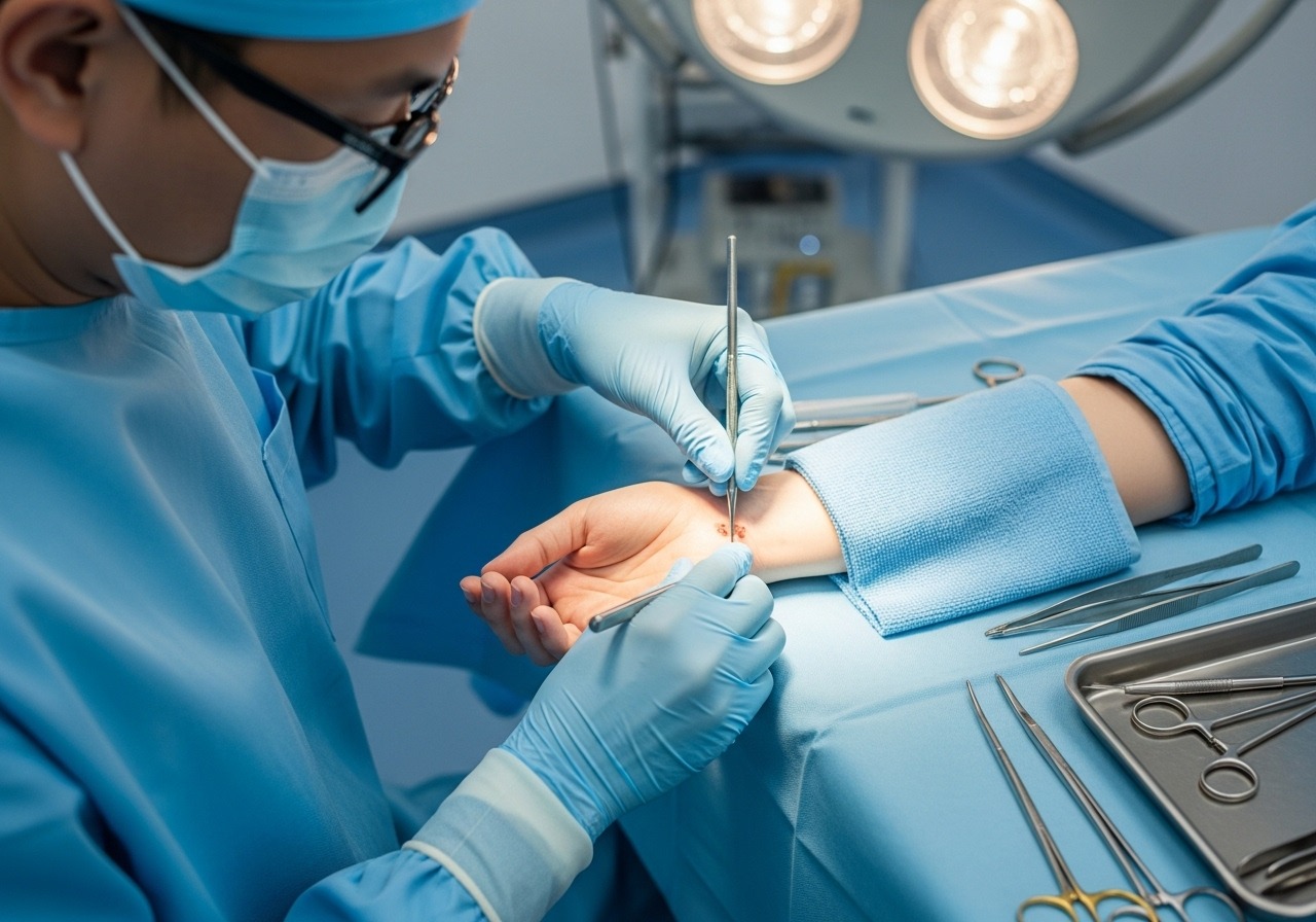 A doctor performing a sterile surgical mole excision in a professional medical facility. A doctor performing a sterile surgical mole excision in a professional medical facility.