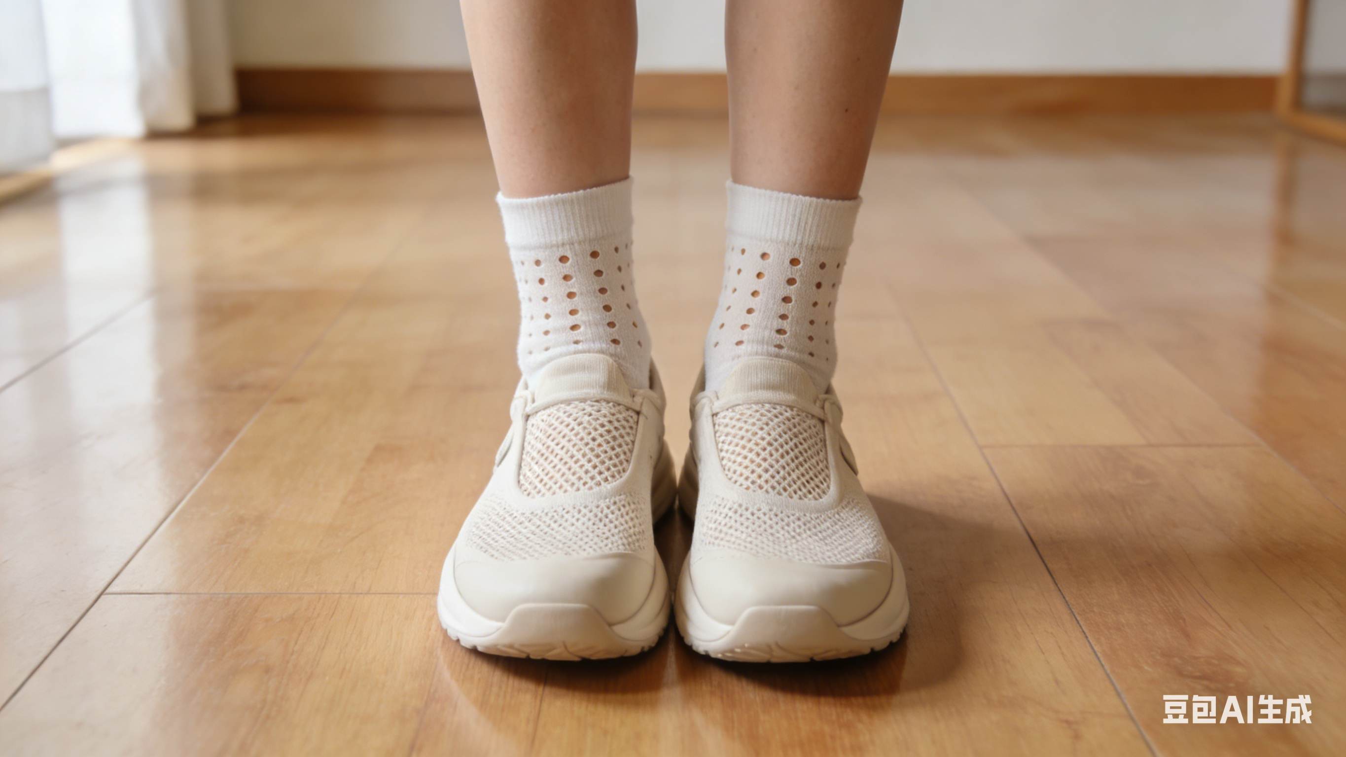 Asian woman wearing comfortable wide-toe-box sneakers with breathable socks, standing on a clean floor.