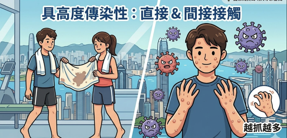 疣的傳染與成因內文圖。現代卡通風格,分成兩格場景。左格:一個卡通人在健身房共用毛巾或在泳池赤腳行走。右格:同一個卡通人臉上和手上長出小凸起。卡通 HPV 病毒在空中漂浮,一隻小手在抓撓。文字標註「具高度傳染性:直接 & 間接接觸」和「越抓越多」。顏色柔和,清晰線條。 疣的傳染與成因內文圖。現代卡通風格,分成兩格場景。左格:一個卡通人在健身房共用毛巾或在泳池赤腳行走。右格:同一個卡通人臉上和手上長出小凸起。卡通 HPV 病毒在空中漂浮,一隻小手在抓撓。文字標註「具高度傳染性:直接 & 間接接觸」和「越抓越多」。顏色柔和,清晰線條。