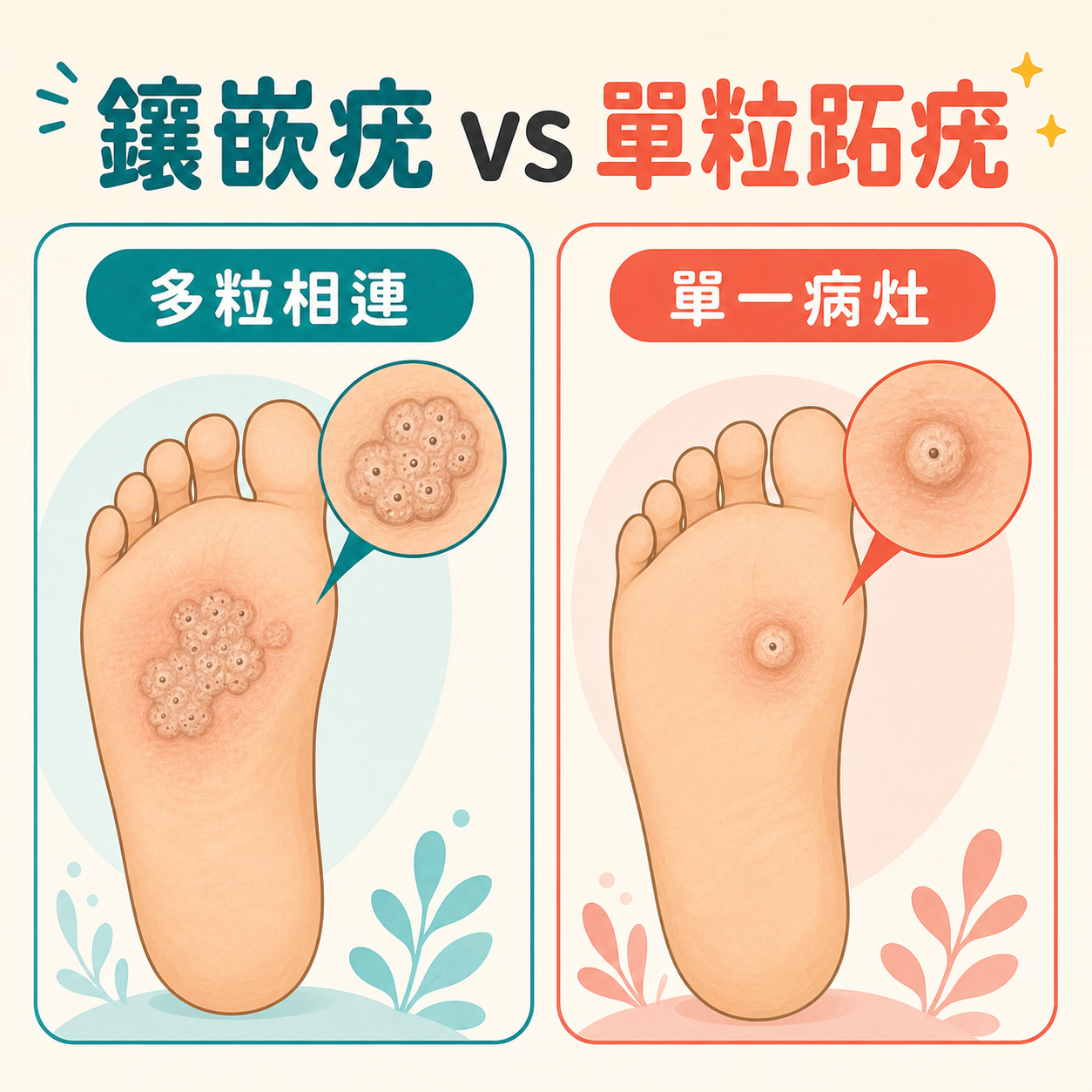 鑲嵌疣單粒跖疣和雞眼外觀比較